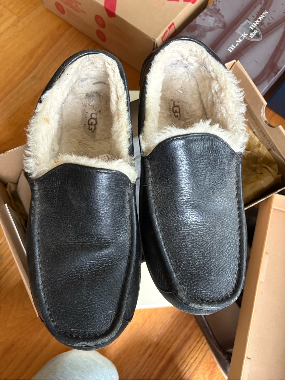 UGG Black Leather Shearling-Lined Slip-On Loafers
